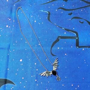 Signed JPL Bat Wing Pewter-tone Necklace Black Faceted Stone Pentacle Pentagram